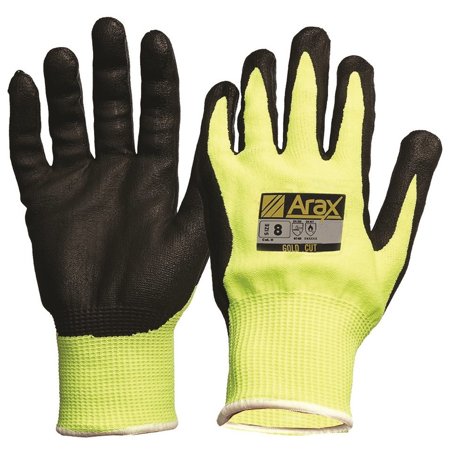 ARAX® Gold, Nitrile Sand Dip on Hi-Vis Yellow Liner, Size 9 - Paramount