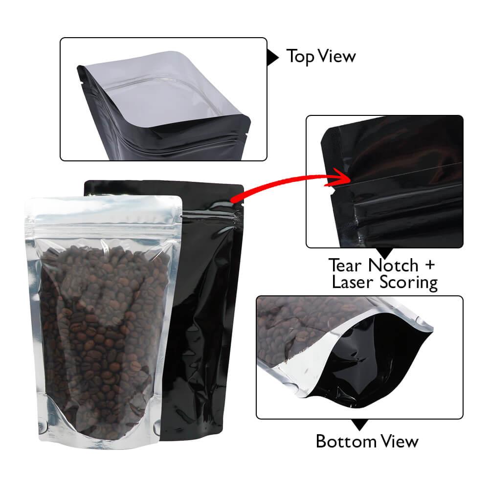 Stand Up Pouch Clear/Shiny Black 500g w Zip no Valve 190w x 265h x (55 + 55g) Carton 500