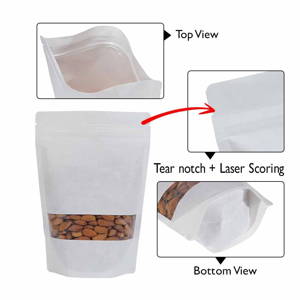 Stand Up Pouch 100g White Kraft Paper w Rectangle Window w Zip no Valve 120w x 200h x (40 + 40)g