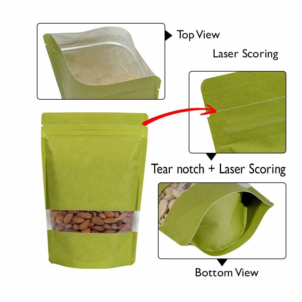 Stand Up Pouch 250g Green Kraft Paper w Rectangle Window w Zip no Valve 160w x 230h x (45 +45)g