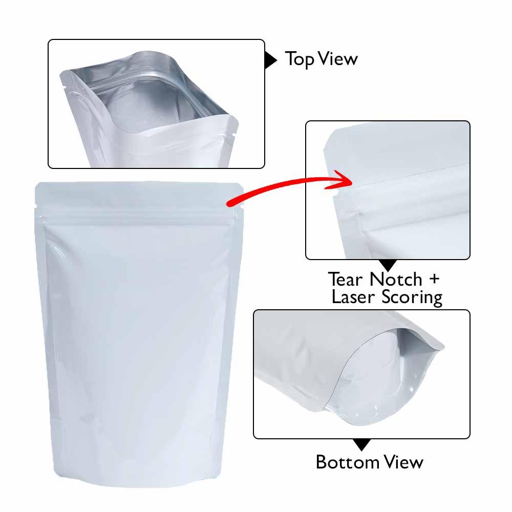 Stand Up Pouch 500g Shiny White both sides with Zip no Valve 190w x 265h x (55 + 55)g