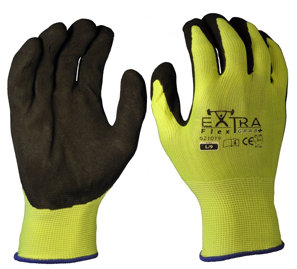 Grab+, Black Sandy Nitrile, Fluro Yellow Polyester-Size Xl