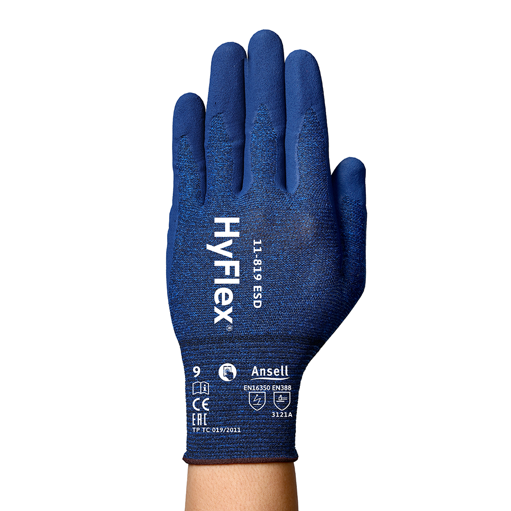 Ansell HyFlex 11-819 Foam Nitrile-Coated ESD General Purpose Gloves – Protects Against Electrostatic Discharge - L