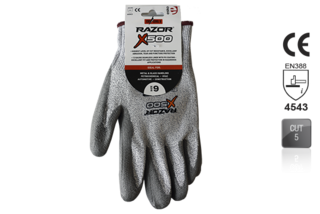RAZOR X500 PU coated Cut Resistant Level 5 HPPE Fibre Liner HEader Card, Size 8 - Esko